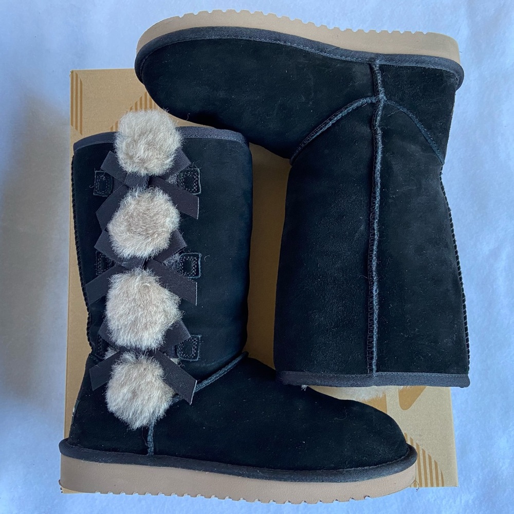 Koolaburra by UGG W Victoria Tall Mid-Ankle Boots Black Suede Tan Faux Fur US 7